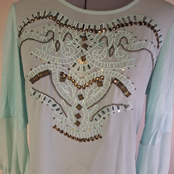 BKE Sea Green Sheer Embellished  Top Size Sm - Picture 2 of 10